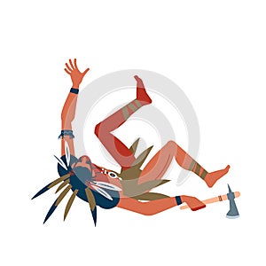 Native American Indian warrior man, wounded during a battle. Cartoon, flat vector illustration isolated in white