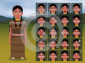 Native American Indian Woman Cartoon Emotion faces Vector Illustration