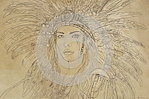 Native American Indian woman with feathers on her head. Hand drawn illustration. photo