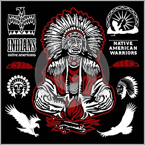 Native american indians, apache tribes set of vector emblems, labels, badges