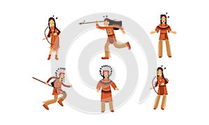 Native American Indians Characters Set Vector Illustration Isolated On White Background