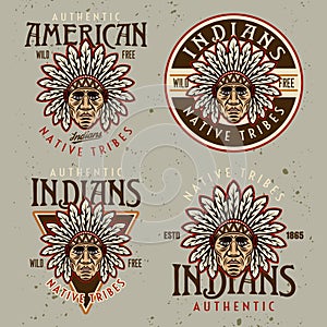 Native american indians set of four vector vintage emblems, labels, badges or logos with chief head in colorfil cartoon