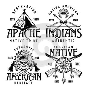 Native american indians set of four vector vintage emblems, labels, badges or logos in monochrome style isolated on