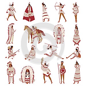 Native American Indians in Traditional Clothes Big Vector Set