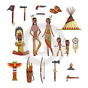 Native american indians and traditional clothes set, weapons and cultural symbols vector Illustrations