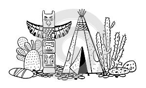 Native American indians traditional settlement. Tipi, totem pole and cactuses. Vector hand drawn sketch illustration
