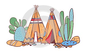 Native American indians traditional village. Two wigwams and cactuses. Vector color hand drawn outline doodle sketch illustration