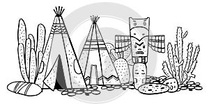 Native American indians traditional village. Two wigwams, totem pole and cactuses. Vector hand drawn sketch illustration