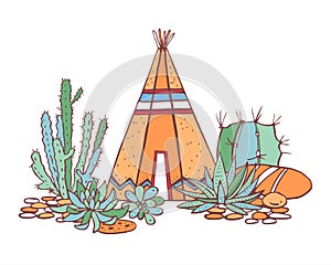 Native American indians traditional wigwam, succulents and cactuses. Vector hand drawn color outline doodle sketch illustration