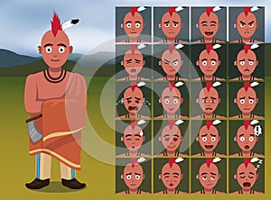 Native American Kansa Warrior Cartoon Emotion faces Vector Illustration