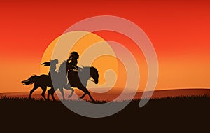 Native american man and woman riding horses at sunset vector silhouette outline