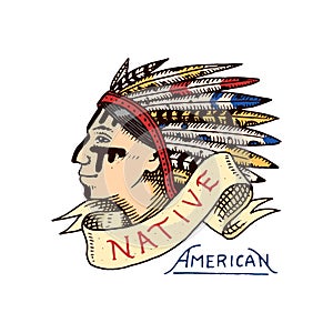Native american. old red skinned indian. label and badge. cherokee or apache, traditional chief. engraved hand drawn in