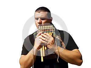 Native American Pan flute musician. Playing music in a white background. photo