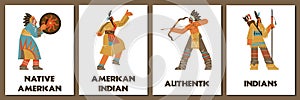 Native American posters set, tribal people in traditional clothes, flat vector illustration.