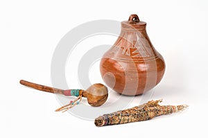 Native American Pueblo Pottery with Smudge Stick and Shaker. photo