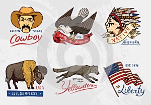 Native american set. old, labels or badges for camping, hiking, hunting. buffalo and flag, eagle and cowboy, wolf with