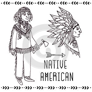 Native American set. Vector line illustration.