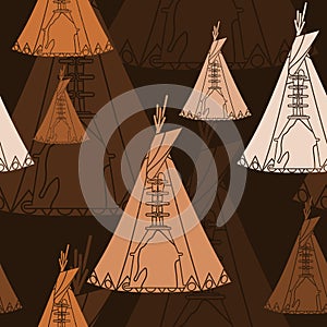 Native American Tent Vector Illustration With Dark Background Seamless Pattern