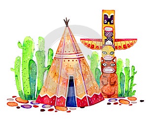 Native American tradition settlement. Tipi, totem pole and cactuses. Hand drawn watercolor illustration