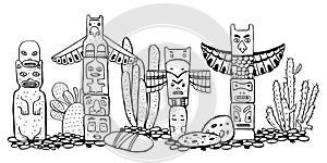 Native American traditional totem poles and catuses. Vector outline Hand drawn doodle sketch illustration