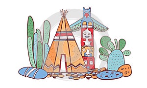 Native American traditional village. Tipi, totem pole and cactuses. Vector color hand drawn outline doodle sketch illustration