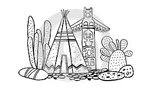 Native American traditional village. Tipi, totem pole and cactuses. Vector hand drawn outline doodle sketch illustration