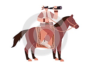 Native American tribe man looking with binocular and riding brown color horse animal recreation activity