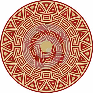 Native American vector round gold with red pattern.