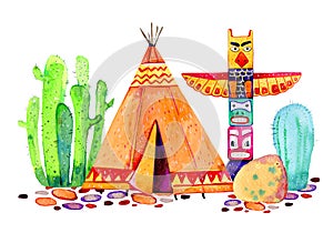 Native American village. Tipi, totem pole and cactuses. Hand drawn watercolor illustration