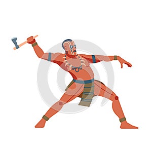 Native American warrior or brave leaping toward and attacking with a tomahawk. Vector cartoon clip art illustration