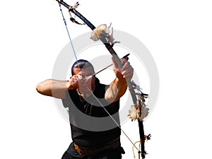 Native American archer pulling an arrow with his bow in a white background.