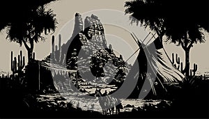Native american western scene background. Can be used for graphic design. Wild west. Black and white. Graphic Art Vector