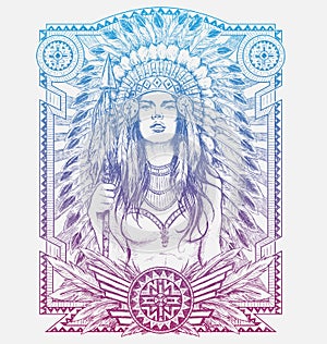 Native American Woman Warrior with Tribal frame. Vector Illustration for Tshirts photo