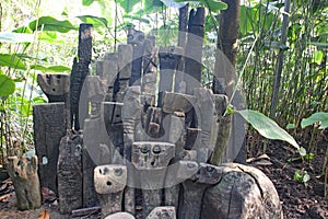 A native art display in the tropical biome at the Eden Project in Cornwall, England