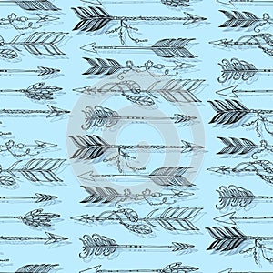 native boho aztec ethnic arrows with beads and feathers vector seamless pattern hand drawn illustration