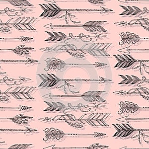 native boho aztec ethnic arrows with beads and feathers vector seamless pattern hand drawn illustration