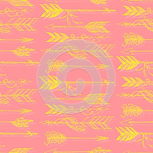 native boho aztec ethnic arrows with beads and feathers vector seamless pattern hand drawn illustration