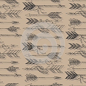 native boho aztec ethnic arrows with beads and feathers vector seamless pattern hand drawn illustration