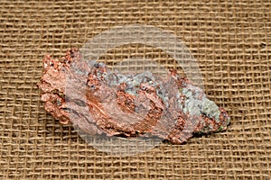 Native Copper Nugget on Burlap Background