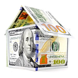 Native dollar house, money building isolated on white background
