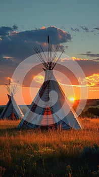 Native elegance Teepee in North American prairies at sunset