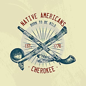 Native Indian traditions T-shirt. National American. Mace and ceremonial pipe, tools and instruments. engraved hand