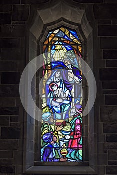 Native Scene Stained Glass Window, Galway, Ireland. Birth of Jesous
