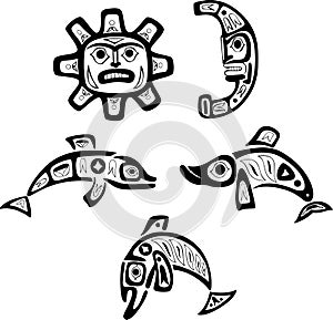 Native shoshone tribal drawings. Fish, sun, moon photo