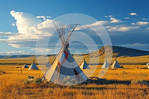 Native symbolism Teepee in the open prairies of Yellowstone, Wyoming