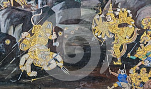 Native Thai Mural fresco of Ramakien epic photo