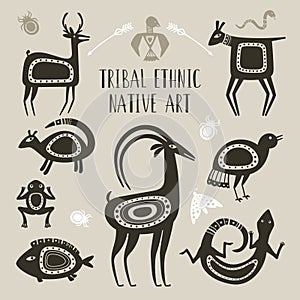 Native totem animals. Tribal ethnic animal drawings, lizard deer fish frog goat bird drawn totems beast symbols