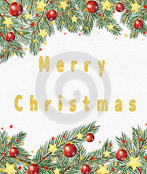 Nativity background, holiday greetings, pine trees decorated with Christmas balls, stars and garlands, a postcard with an