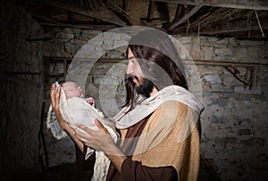 Nativity barn with Joseph and baby Jesus