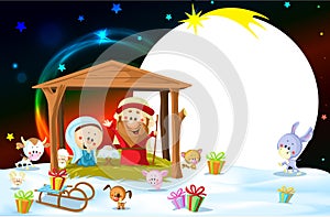 Nativity in Bethlehem with animals - Christmas vector oval frame